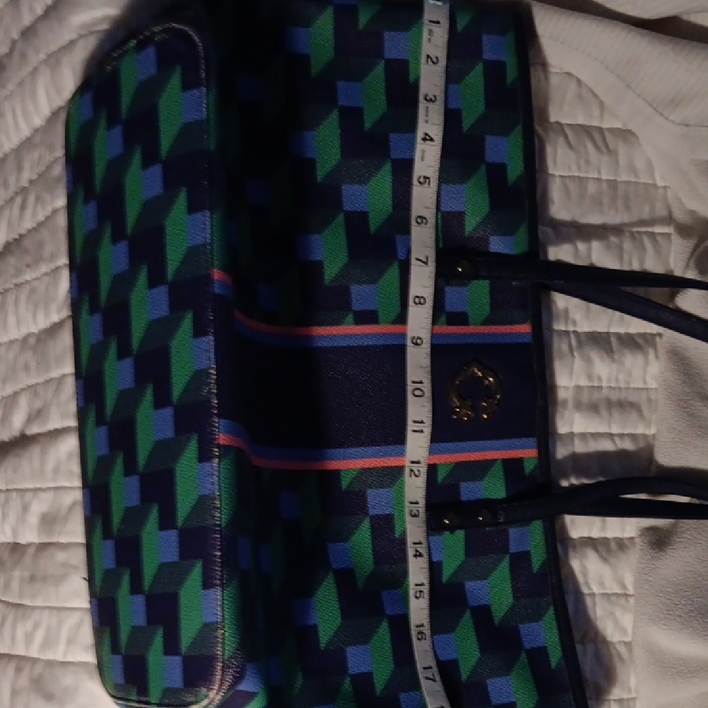 Wonder Tote Navy and Green Geometric Tote. Worn. See Pictures. On Bottom. 426